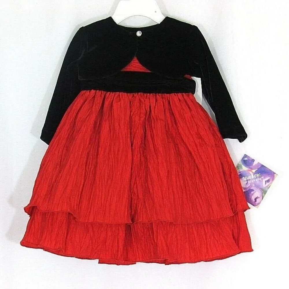 Blueberi Boulevard Red Taffeta Party Dress + Black Velvet Shrug Sash Bow